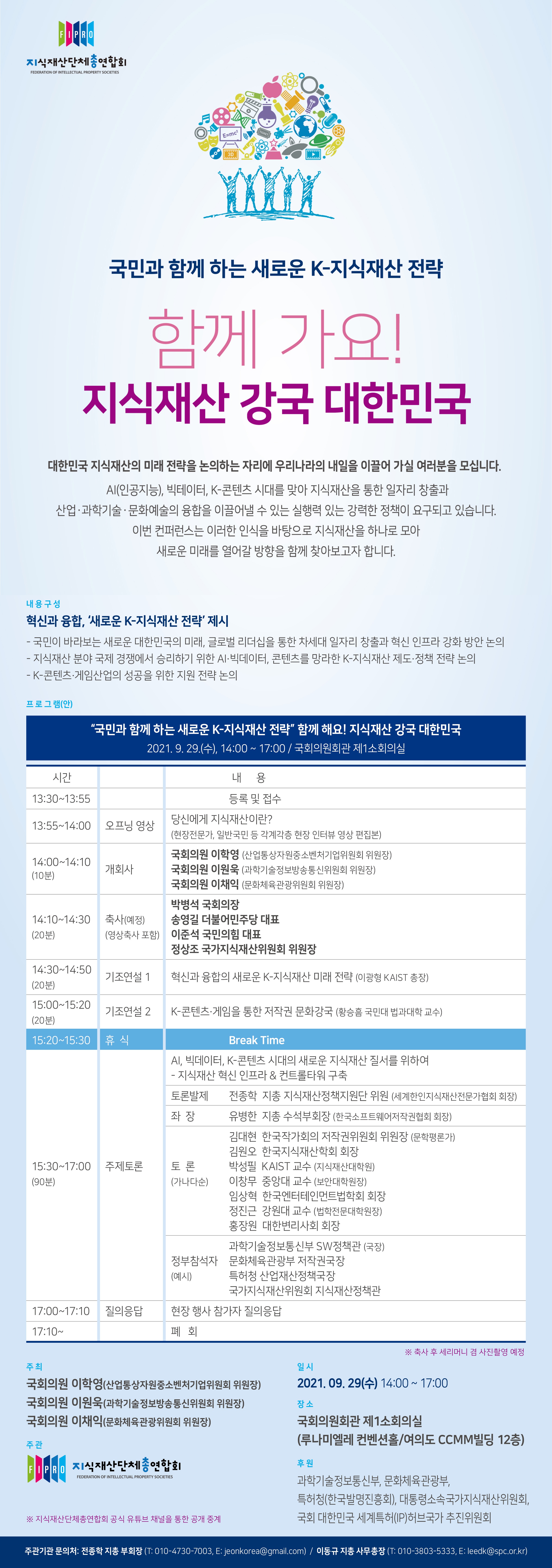 “국민과 함께하는 새로운 K-지식재산 전략” 함께 가요! 지식재산 강국 대한민국 / 대한민국 지식재산의 미래 전략을 논의하는 자리에 우리나라의 내일을 이끌어 가실 여러분을 모십니다. AI(인공지능), 빅데이터, K-콘텐츠 시대를 맞아 지식재산을 통한 일자리 창출과 산업·과학기술·문화예술의 융합을 이끌어낼 수 있는 실행력 있는 강력한 정책이 요구되고 있습니다. 이번 컨퍼런스는 이러한 인식을 바탕으로 지식재산을 하나로 모아 새로운 미래를 열어갈 방향을 함께 찾아보고자 합니다. / 내용구성 : 혁신과 융합, '새로운 K-지식재산 전략'제시. -국민이 바라보는 새로운 대한민국의 미래, 글로벌 리더십을 통한 차세대 일자리 창출과 혁신 인프로 강화 방안 논의. -지식재산 분야 국제 경쟁에서 승리하기 위한 AI·빅데이터, 콘텐츠를 망라한 K-지식재산 제도·정책 전략 논의. -K-콘텐츠·게임산업의 성공을 위한 지원 전략 논의. / 프로그램(안) : 당신에게 지식재산이란?(현장전문가, 일반국민 등 각계각층 현장 인터뷰 영상 편집본), 개회사 - 국회의원 이학영, 국회의원 이원욱, 국회의원 이채익, 축사 - 박병석 국회의장, 송영길 더불어민주당 대표, 이준석 국민의힘 대표, 정상조 국가지식재산위원회 위원장, 기조연설 - 이광형 KAIST 총장, 국민대학교 황승흠 교수, 토론발제 - 전종학 지식재산단체총연합회 지식재산정책지원단 위원(세계한인지식재산전문가 협회 회장), 좌장 - 유병한 지총 수석부회장, 토론 - 김대현 한국작가회의 저작권위원회 위원장, 김원오 한국지식재산학회 회장, 박상필 KAIST 교수, 이창무 중앙대 교수, 임상혁 한국엔터테인먼트법학회 회장, 정진근 강원대학교 교수, 홍장원 대한변리사회 회장, 정부참석자 - 과학기술정보통신부 SW정책관(국장), 문화체육관광부 저작권국장, 특허청 산업재산정책국장, 국가지식재산위원회 지식재산정책관, 2021년 9월 29일 수요일 14:00 ~ 17:00, 장소 - 국회의원회관 제1소회의실(루나미엘레 컨벤션홀/여의도 CCMMqlfeld 12층), 후원 - 과학기술정보통신부, 문화체육관광부, 특허청(한국발명진흥회), 대통령소속국가지식재산위원회, 국회 대한민국 세계특허(IP)허브국가 추진위원회 / 주관기관 문의처 : 전종학 지총 부회장, 이동규 지총 사무총장